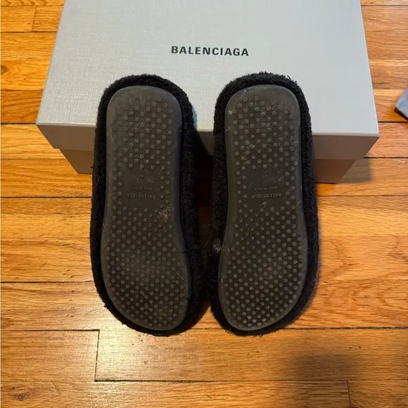 - Balenciaga Black Terry Hotel Slides with Gold Emblem