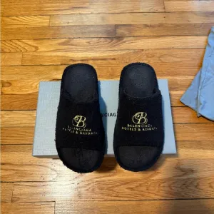 - Balenciaga Black Terry Hotel Slides with Gold Emblem