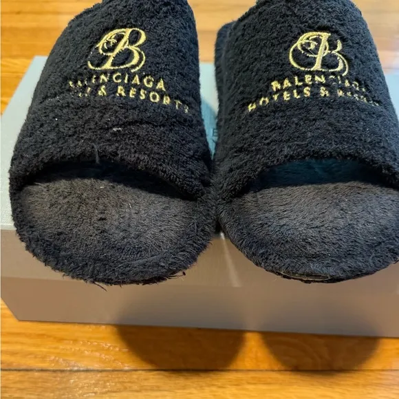 - Balenciaga Black Terry Hotel Slides with Gold Emblem