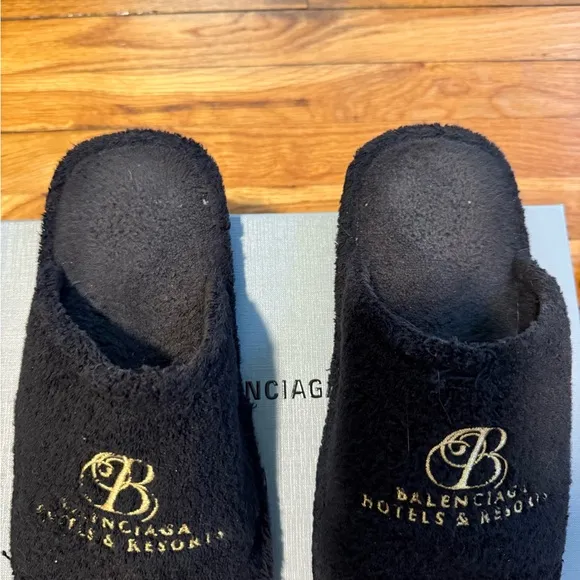 - Balenciaga Black Terry Hotel Slides with Gold Emblem