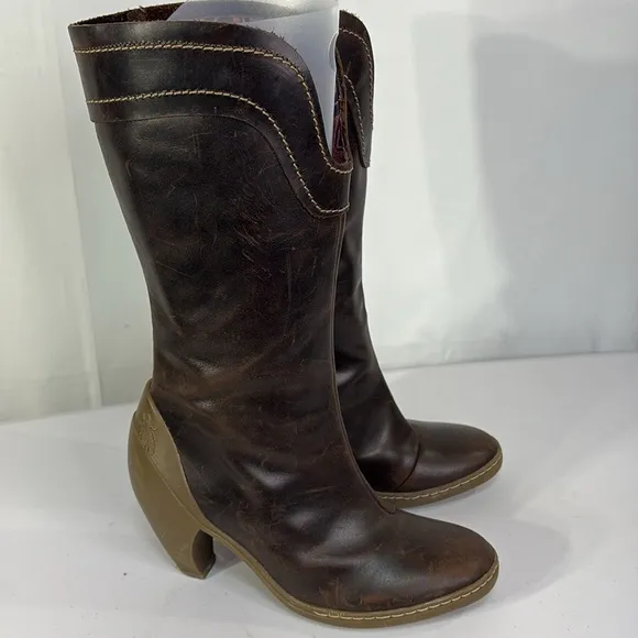 👞 Fly London brown tall leather boots with white contrast, stitch &amp; rubb…