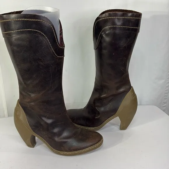 👞 Fly London brown tall leather boots with white contrast, stitch &amp; rubb…