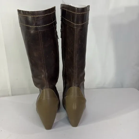 👞 Fly London brown tall leather boots with white contrast, stitch &amp; rubb…