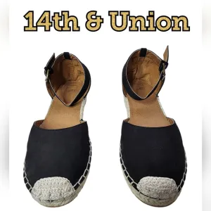 14TH &amp; UNION Denni-Lea Black Leather Espadrille Flats Buckle Ankle Straps