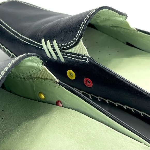 1803 ANTHROPOLOGIE BLACK &amp; GREEN LEATHER ULTRA-CUSHIONED LIGHT WEIGHT FLAT MULES