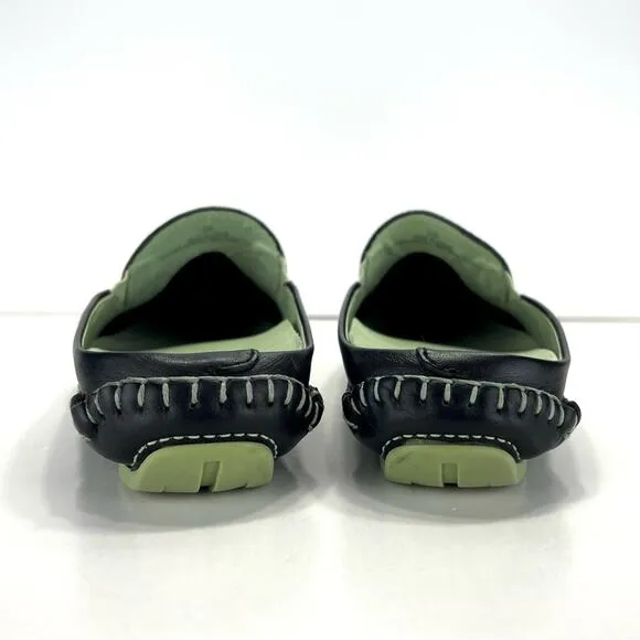 1803 ANTHROPOLOGIE BLACK &amp; GREEN LEATHER ULTRA-CUSHIONED LIGHT WEIGHT FLAT MULES