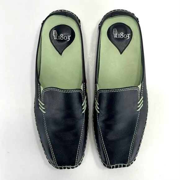 1803 ANTHROPOLOGIE BLACK &amp; GREEN LEATHER ULTRA-CUSHIONED LIGHT WEIGHT FLAT MULES