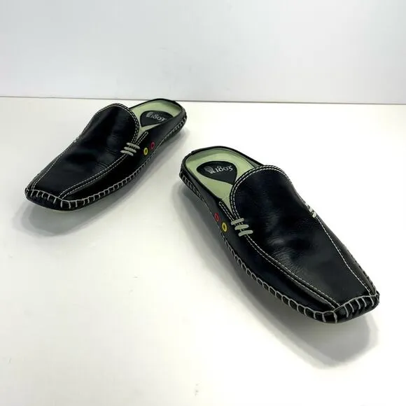 1803 ANTHROPOLOGIE BLACK &amp; GREEN LEATHER ULTRA-CUSHIONED LIGHT WEIGHT FLAT MULES