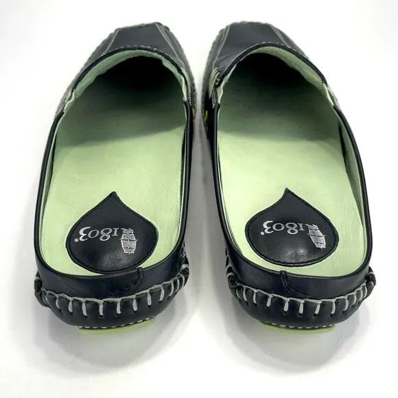 1803 ANTHROPOLOGIE BLACK &amp; GREEN LEATHER ULTRA-CUSHIONED LIGHT WEIGHT FLAT MULES