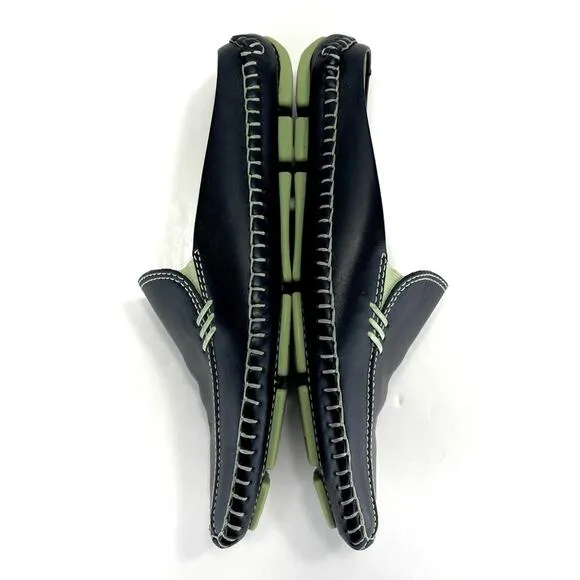 1803 ANTHROPOLOGIE BLACK &amp; GREEN LEATHER ULTRA-CUSHIONED LIGHT WEIGHT FLAT MULES