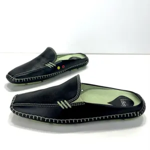1803 ANTHROPOLOGIE BLACK &amp; GREEN LEATHER ULTRA-CUSHIONED LIGHT WEIGHT FLAT MULES