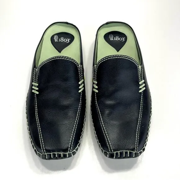 1803 ANTHROPOLOGIE BLACK &amp; GREEN LEATHER ULTRA-CUSHIONED LIGHT WEIGHT FLAT MULES