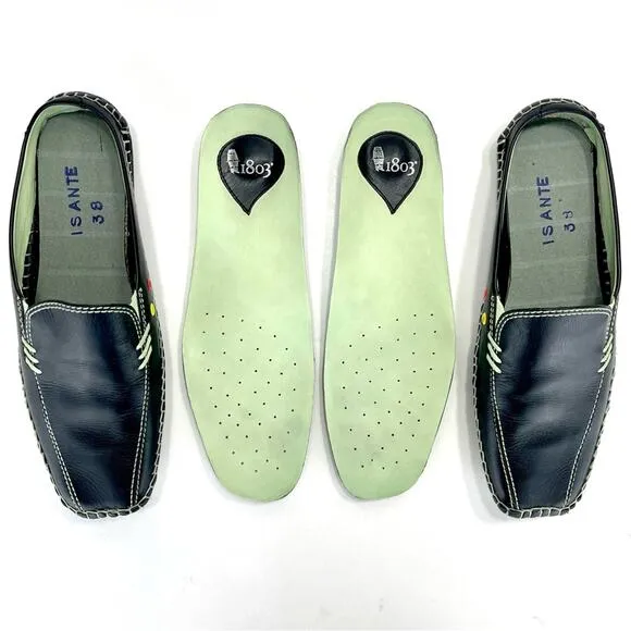 1803 ANTHROPOLOGIE BLACK &amp; GREEN LEATHER ULTRA-CUSHIONED LIGHT WEIGHT FLAT MULES