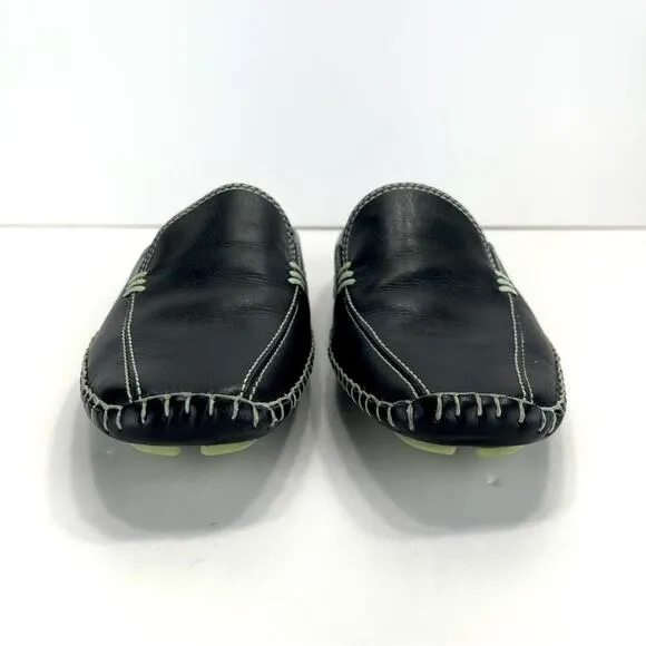 1803 ANTHROPOLOGIE BLACK &amp; GREEN LEATHER ULTRA-CUSHIONED LIGHT WEIGHT FLAT MULES