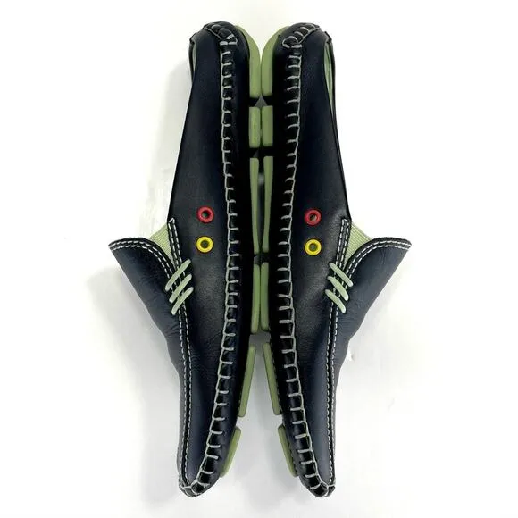1803 ANTHROPOLOGIE BLACK &amp; GREEN LEATHER ULTRA-CUSHIONED LIGHT WEIGHT FLAT MULES