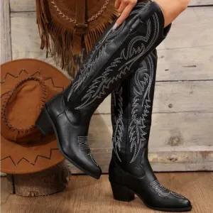 2024 American New Vintage Embroidered Western Boots, Over-The-Knee V-Mouth