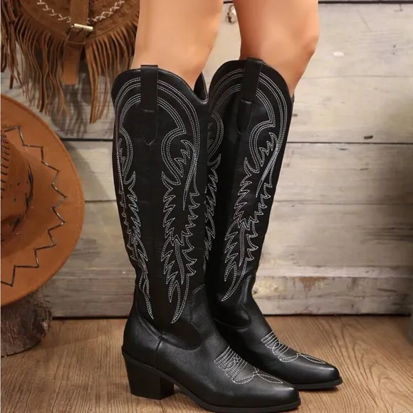 2024 American New Vintage Embroidered Western Boots, Over-The-Knee V-Mouth