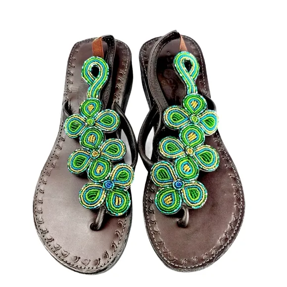 3-Petal Backstrap Beaded Leather Sandals from Kenya