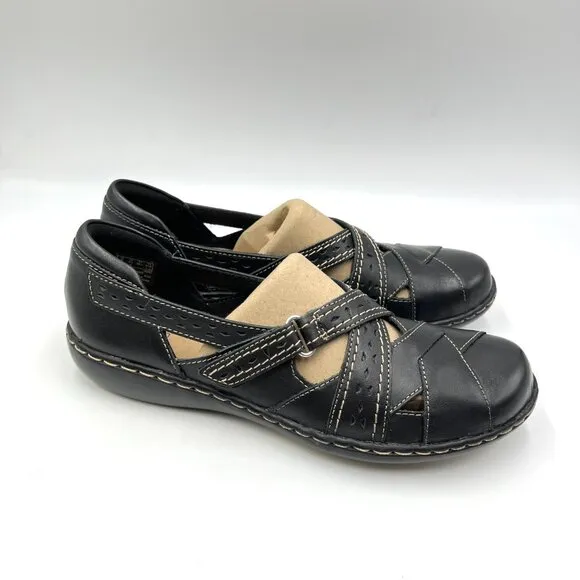 8.5N 8.5 NARROW WIDTH Clarks Ashland Spin Q Black Leather Flats Loafers Shoes