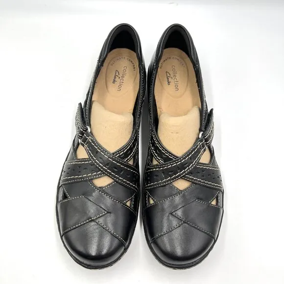 8.5N 8.5 NARROW WIDTH Clarks Ashland Spin Q Black Leather Flats Loafers Shoes