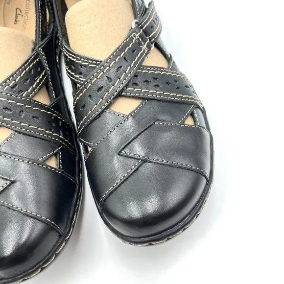 8.5N 8.5 NARROW WIDTH Clarks Ashland Spin Q Black Leather Flats Loafers Shoes