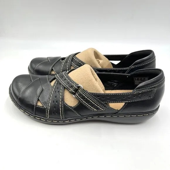 8.5N 8.5 NARROW WIDTH Clarks Ashland Spin Q Black Leather Flats Loafers Shoes