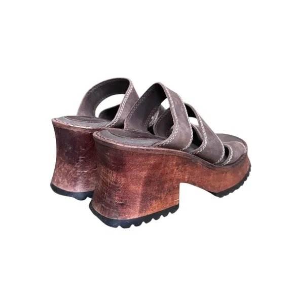 90s boho grunge fairy brown leather slip on chunky platform sandals size 7