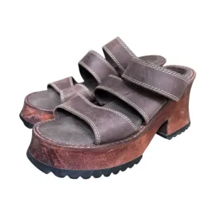 90s boho grunge fairy brown leather slip on chunky platform sandals size 7