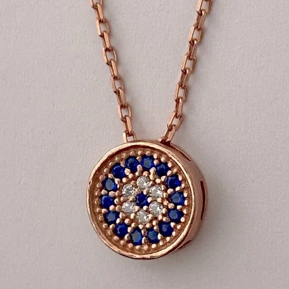 925 Silver necklace fancy round evil eye cz 14K rose gold plated