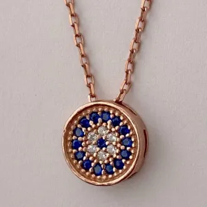 925 Silver necklace fancy round evil eye cz 14K rose gold plated