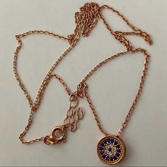925 Silver necklace fancy round evil eye cz 14K rose gold plated