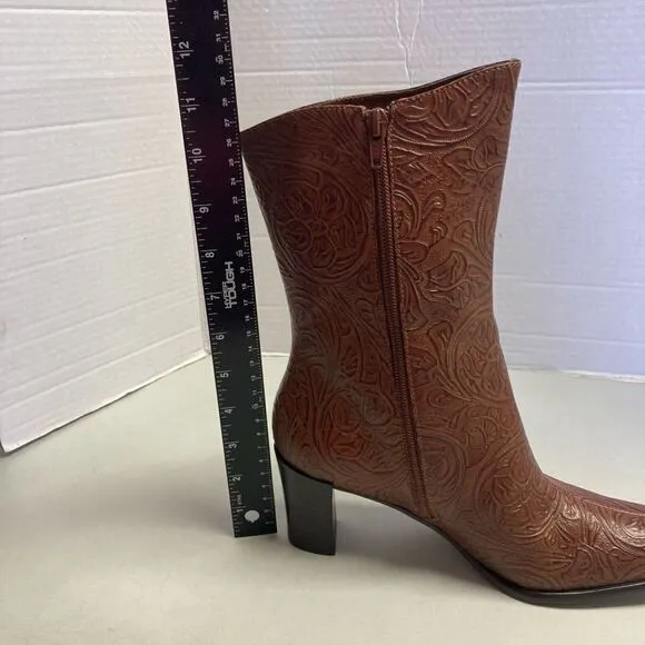 A MARINELLI Women’s Tooled Leather Boots Alda Brown Size 8.5 M Side Zip