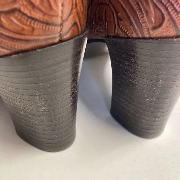 A MARINELLI Women’s Tooled Leather Boots Alda Brown Size 8.5 M Side Zip