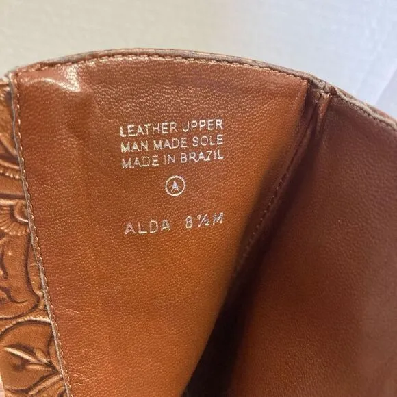 A MARINELLI Women’s Tooled Leather Boots Alda Brown Size 8.5 M Side Zip