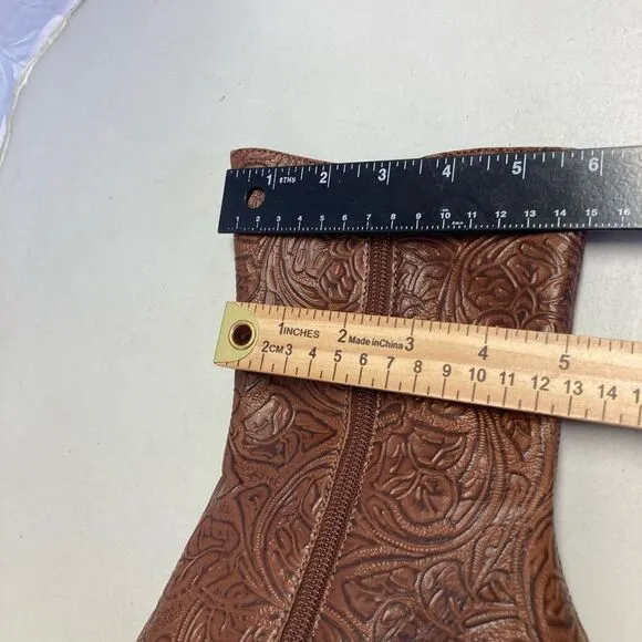A MARINELLI Women’s Tooled Leather Boots Alda Brown Size 8.5 M Side Zip