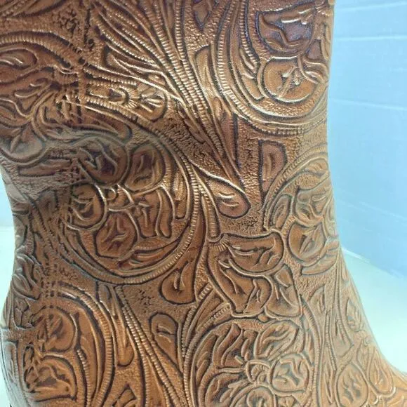 A MARINELLI Women’s Tooled Leather Boots Alda Brown Size 8.5 M Side Zip