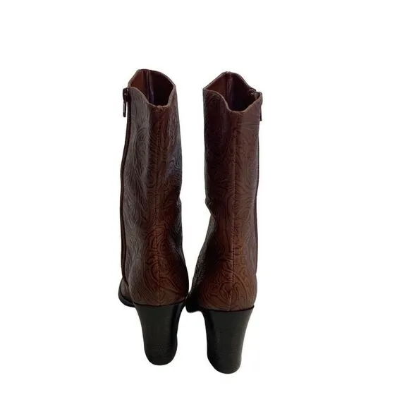 A MARINELLI Women’s Tooled Leather Boots Alda Brown Size 8.5 M Side Zip