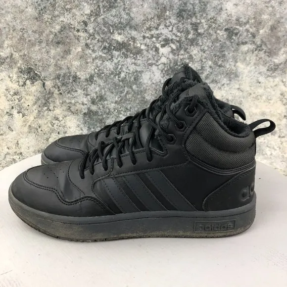 Adidas Men's Size 8 Hoops 3.0 Mid Black Lace-Up Leather Sneakers Shoes GW6421