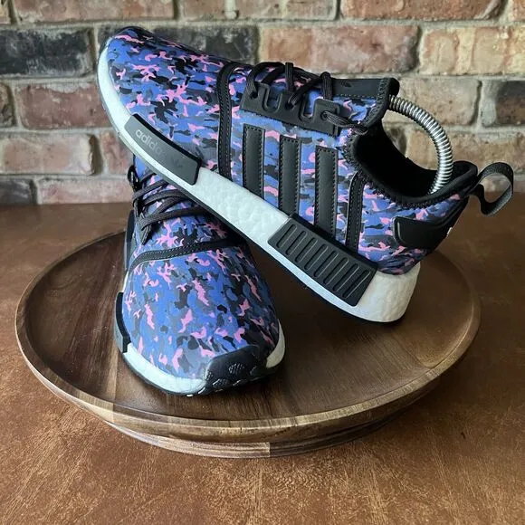Adidas NMD R1 Camo Knitted Size Youth 7 Women's 8 Black Pink Blue Camo Shoes