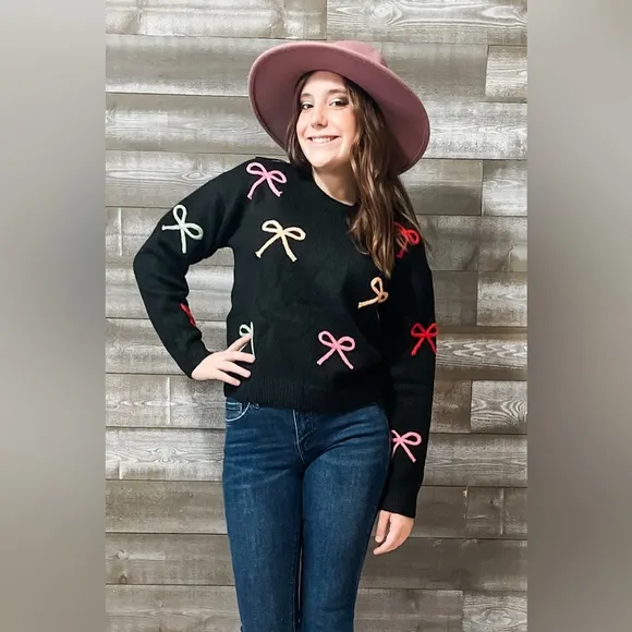 Adorable! jodifl black sweater with colorful bow design B12323
