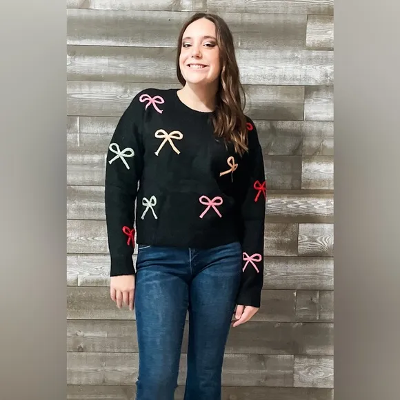 Adorable! jodifl black sweater with colorful bow design B12323
