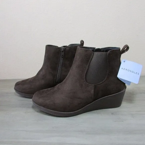AeroSoles Women's 8 Brandi Wedge Chelsea Ankle Boots Java Faux Suede