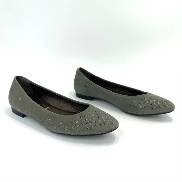AGL ATTILIO GIUSTI LEOMBRUNI “GROMMET” GRAY/GREENISH SUEDE STUDDED BALLET FLATS