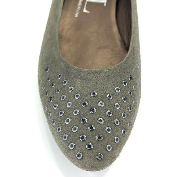 AGL ATTILIO GIUSTI LEOMBRUNI “GROMMET” GRAY/GREENISH SUEDE STUDDED BALLET FLATS