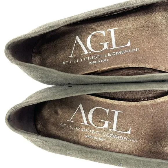AGL ATTILIO GIUSTI LEOMBRUNI “GROMMET” GRAY/GREENISH SUEDE STUDDED BALLET FLATS