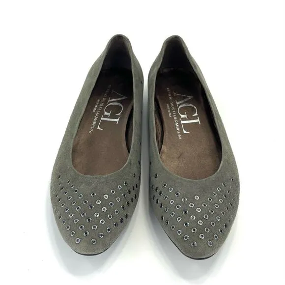 AGL ATTILIO GIUSTI LEOMBRUNI “GROMMET” GRAY/GREENISH SUEDE STUDDED BALLET FLATS
