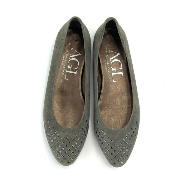 AGL ATTILIO GIUSTI LEOMBRUNI “GROMMET” GRAY/GREENISH SUEDE STUDDED BALLET FLATS