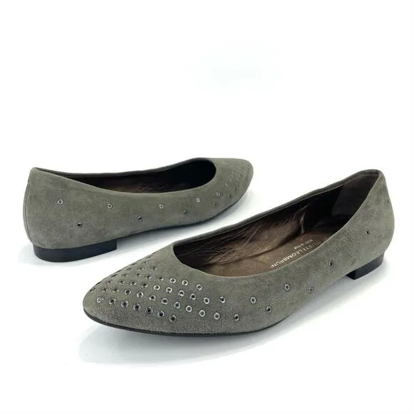 AGL ATTILIO GIUSTI LEOMBRUNI “GROMMET” GRAY/GREENISH SUEDE STUDDED BALLET FLATS