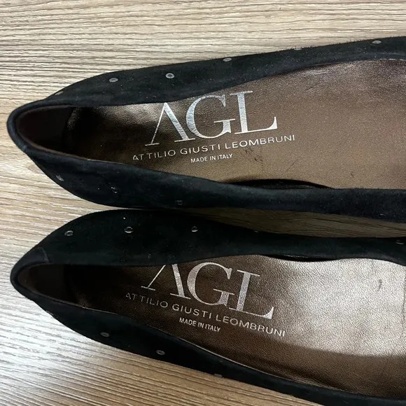 {AGL} Black Suede Studded Point Toe Flats - Size 9.5