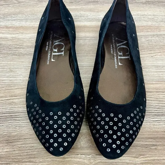 {AGL} Black Suede Studded Point Toe Flats - Size 9.5
